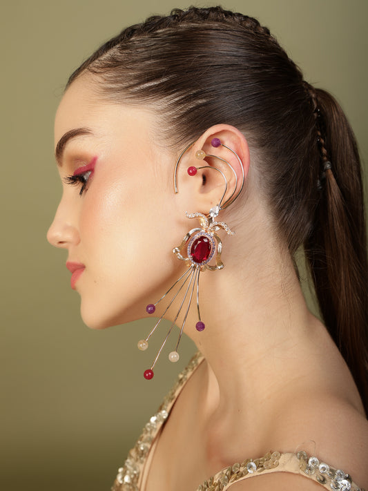 JewelX Statement Jewelry, Ruby-king Stone, Gold-Plaited, Dramatic long silhouette with handcrafted floral detailing, Party Edit,