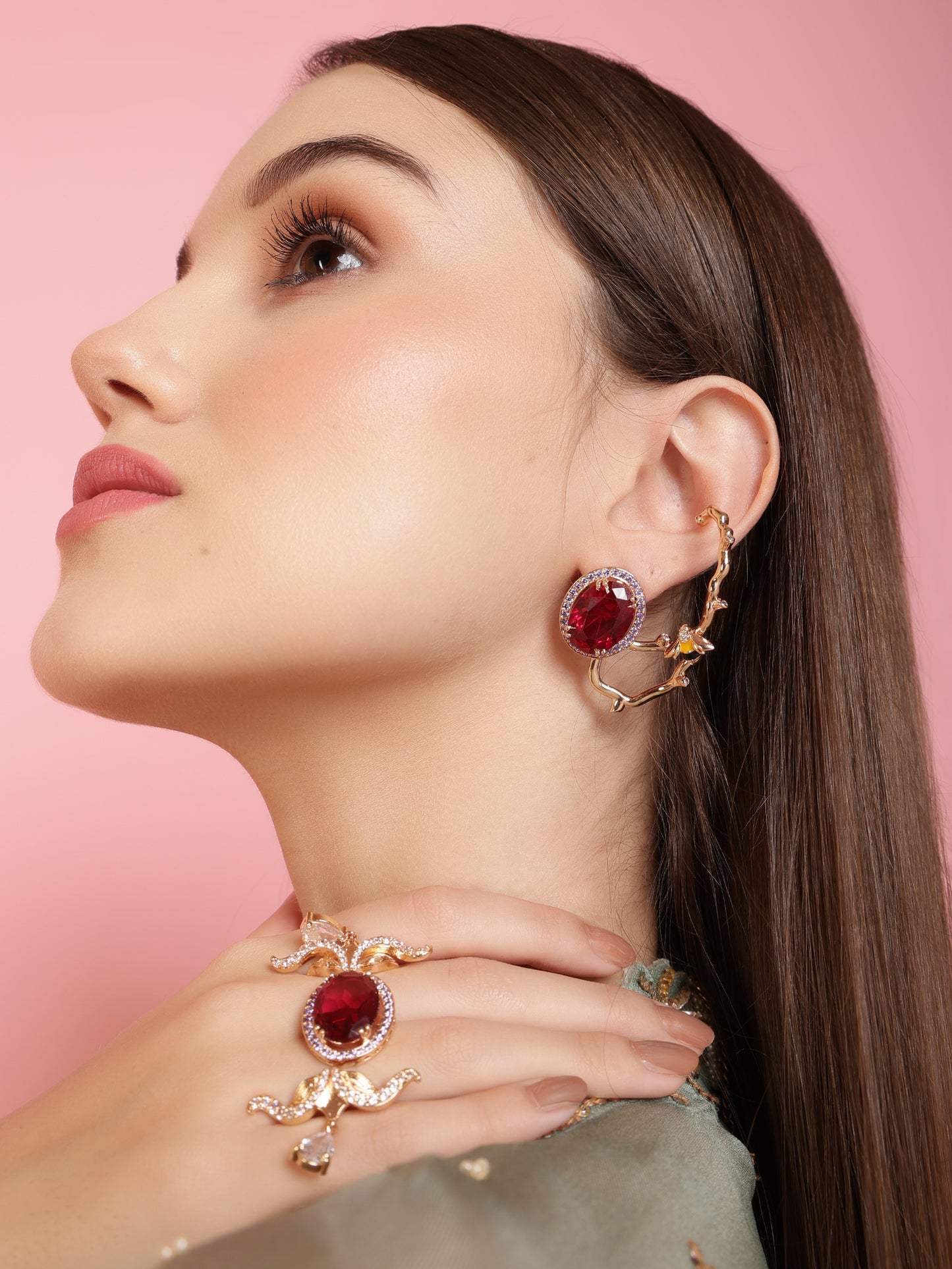 JewelX handcrafted Ovate Ruby Crown double finger ring - Modern jewelry