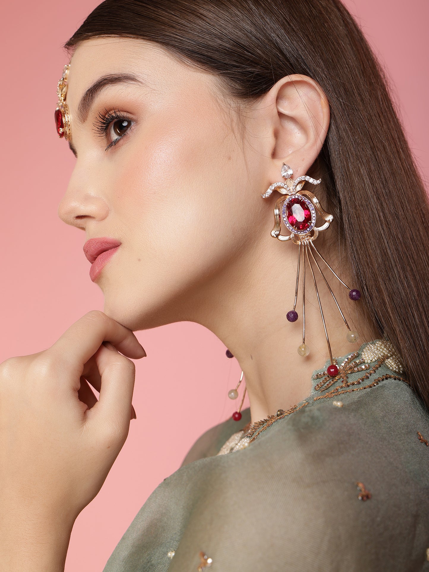 JewelX Statement Jewelry, Ruby-king Stone, Gold-Plaited, Luxury Ear Collection, Party Wear Jewelry