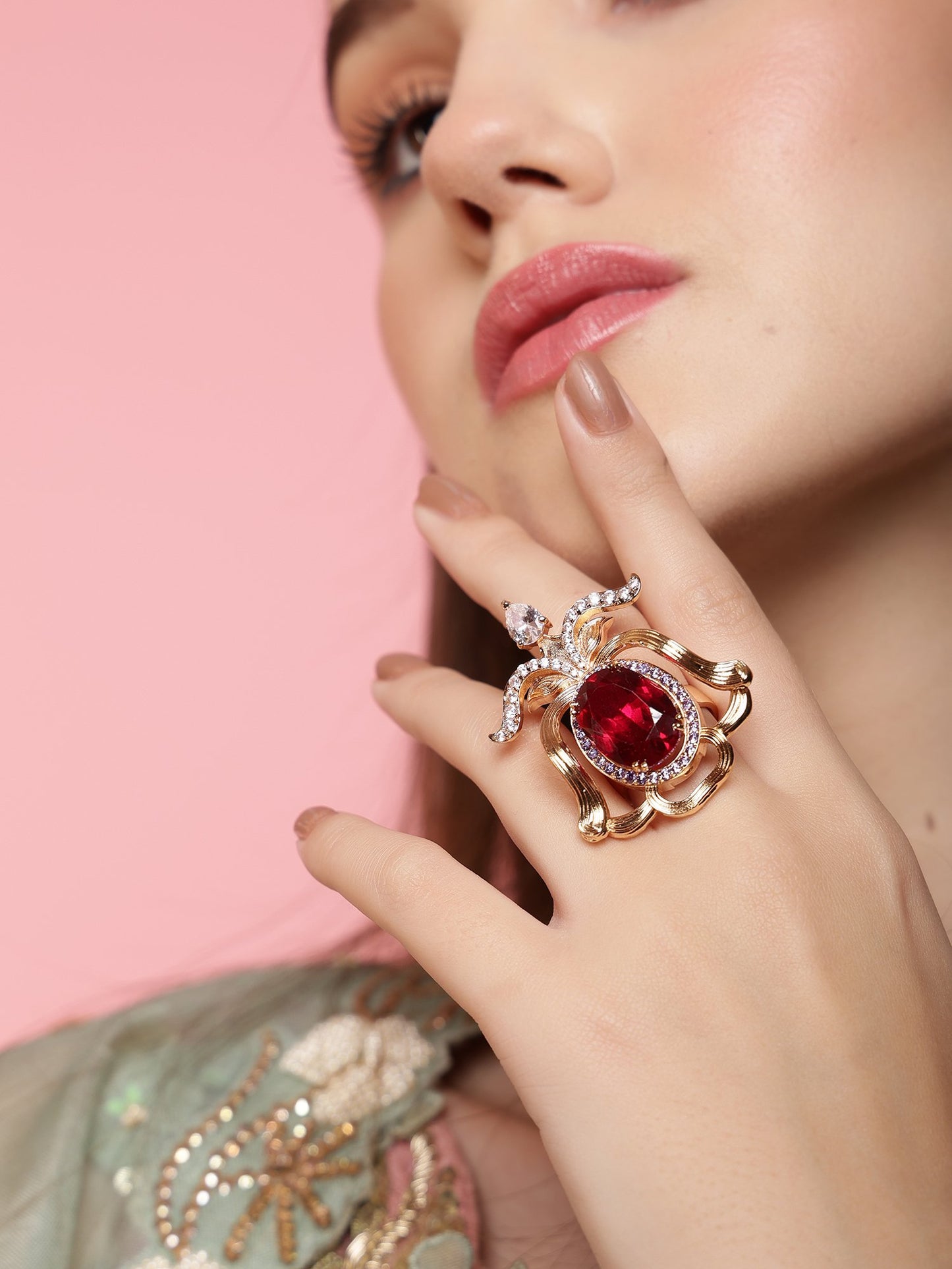 JewelX adjustable ring with fuchsia Ruby stone, Elegant Party Jewelry