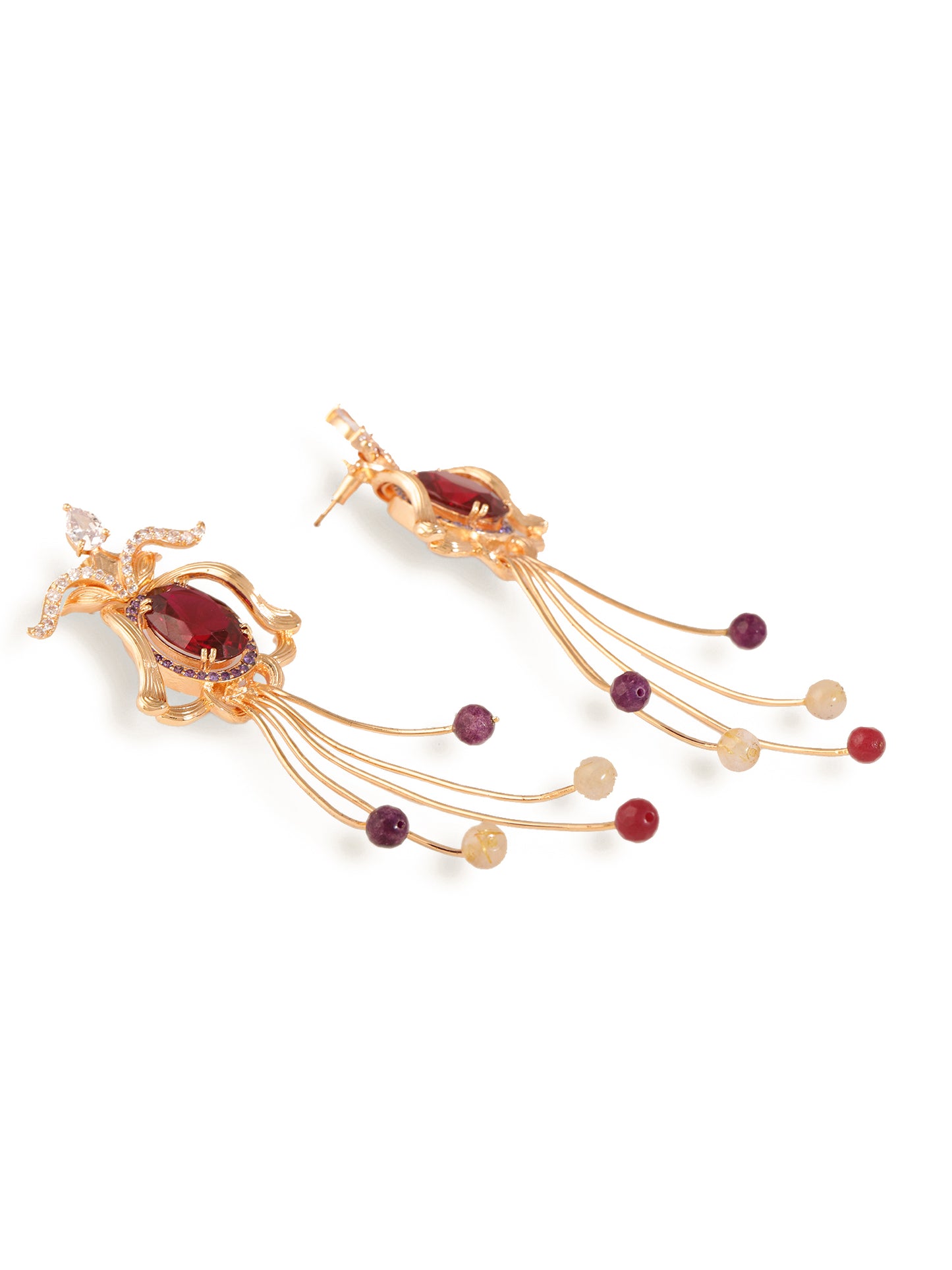 JewelX Statement Jewelry, Ruby-king Stone, Gold-Plaited, Elegant fuchsia floral long earrings