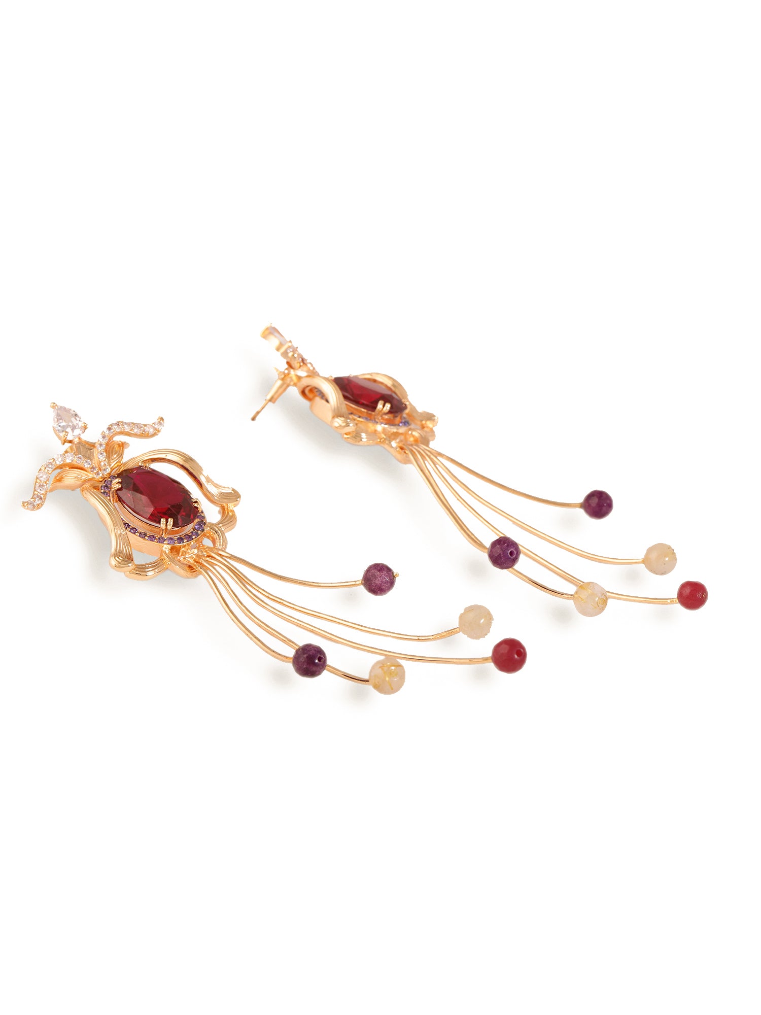 JewelX Statement Jewelry, Ruby-king Stone, Gold-Plaited, Elegant fuchsia floral long earrings