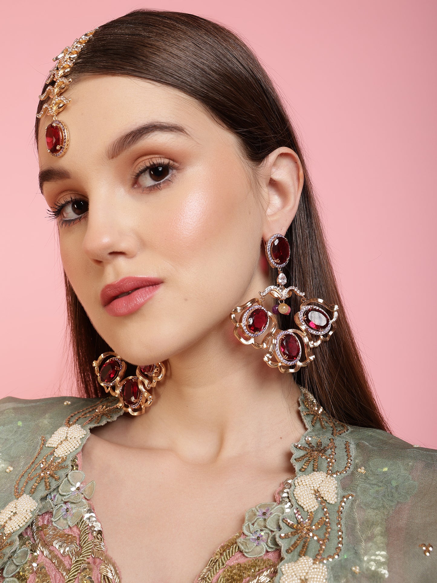 JewelX Statement Jewelry, Ruby-king Stone, Gold-Plaited, rande Luxe Ruby Fuchsia Earrings, Modern Luxury Earrings for Women, 