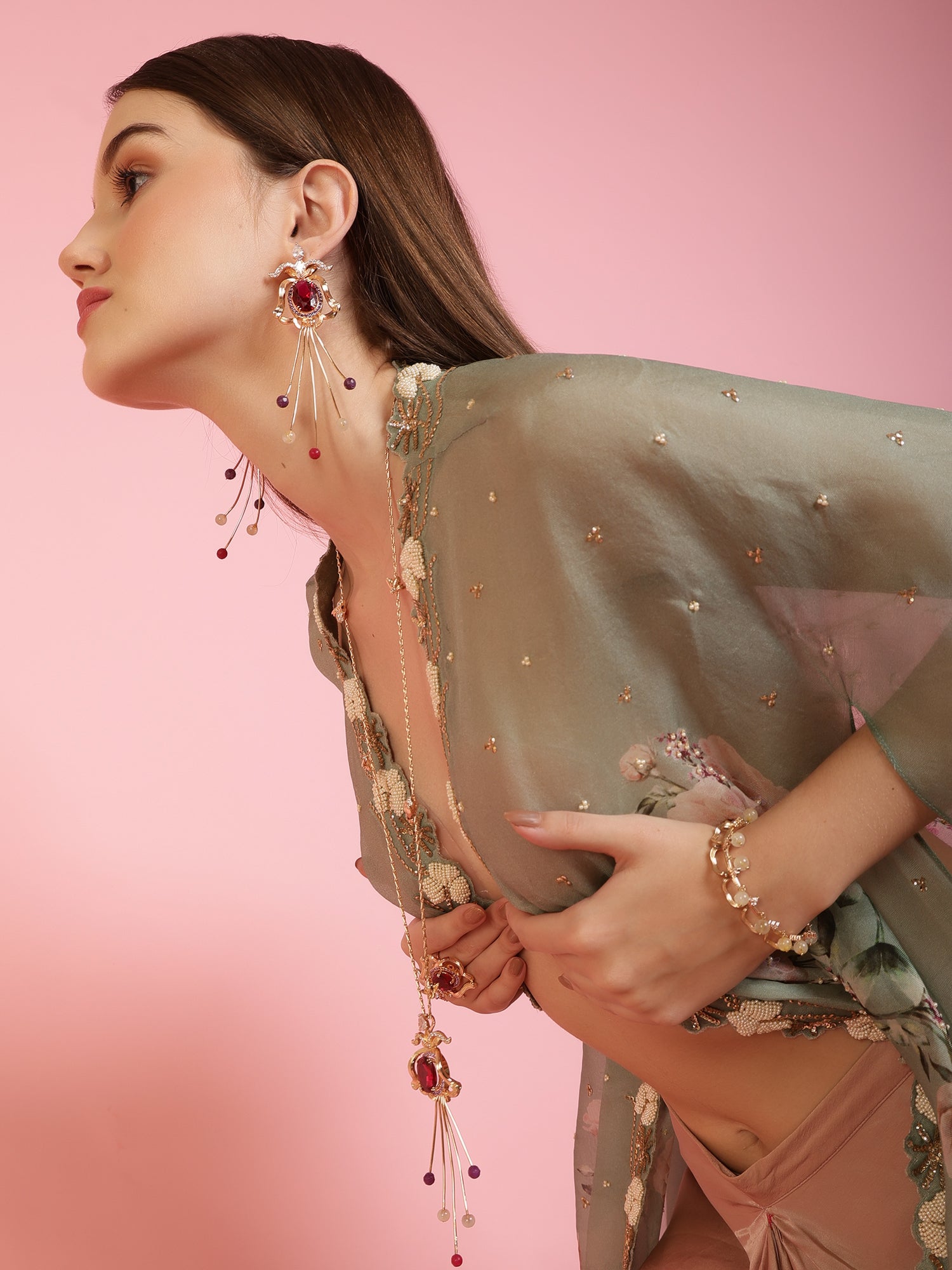 JewelX Statement Jewelry, Ruby-king Stone, Gold-Plaited, Modern Floral Earrings