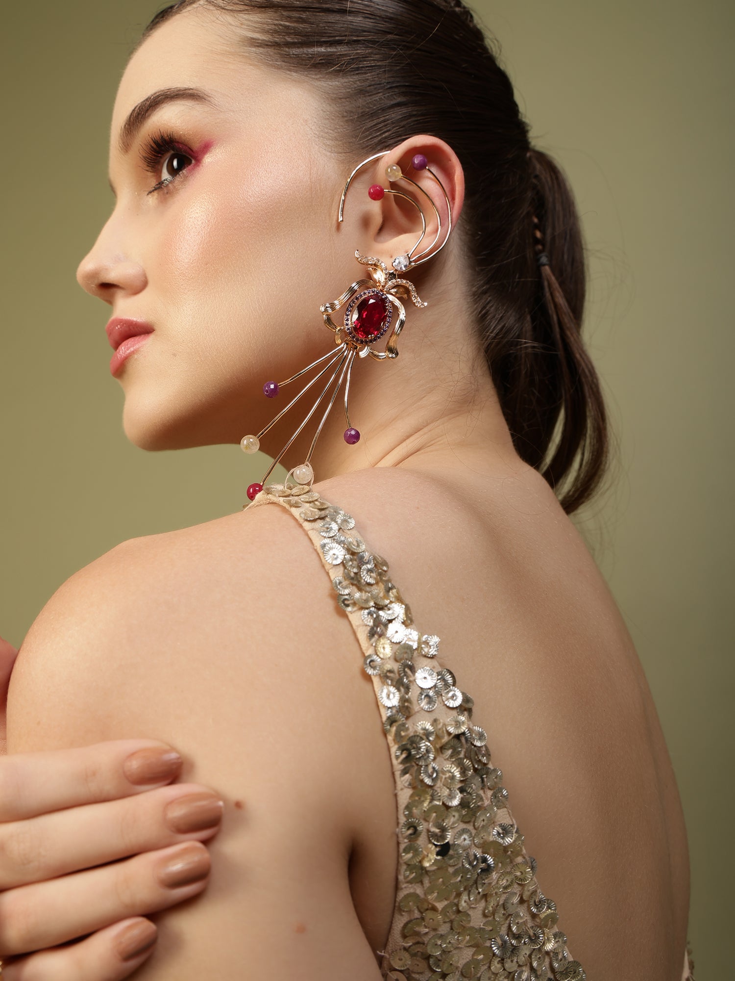 JewelX Statement Jewelry, Ruby-king Stone, Gold-Plaited, Modern Luxe Collection, Fashion Ear Cuff Collection